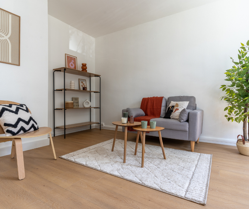 Salon home staging appartement contemporain Nantes — mobilier et décoration mis en scène par AntePostea