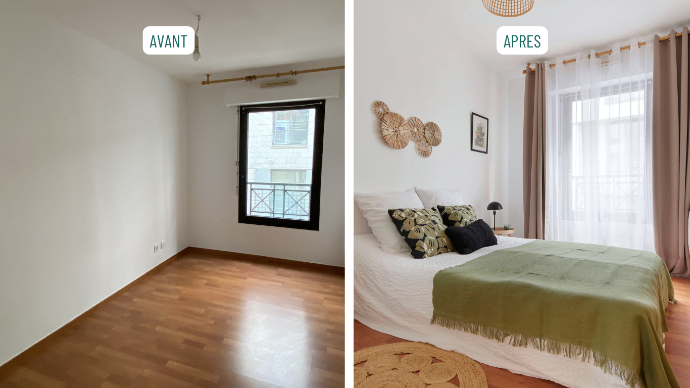 Chambre aménagée après une prestation de home staging, exemple concret du tarif home staging investi par le propriétaire
