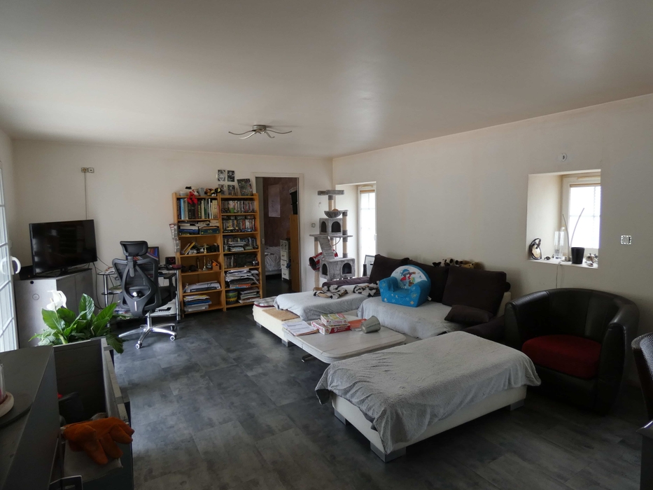 Salon encombré et mal rangé, bureau, arbre à chat devant fenêtre avant home staging en bretagne