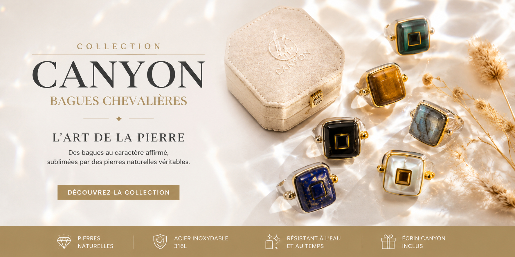 Collection Canyon® – Bagues chevalières en acier inoxydable & pierres naturelles véritables