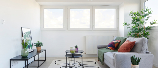 Salon meublé et décoré pour la vente à Nantes avec canapé, tapis, table basse, meuble tv, coussins , plante, décorations...