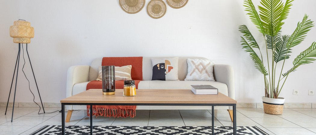 Home staging Nantes : meubler et décorer pour mieux vendre - exemple d'un salon avec canapé table basse tapis plaid coussins