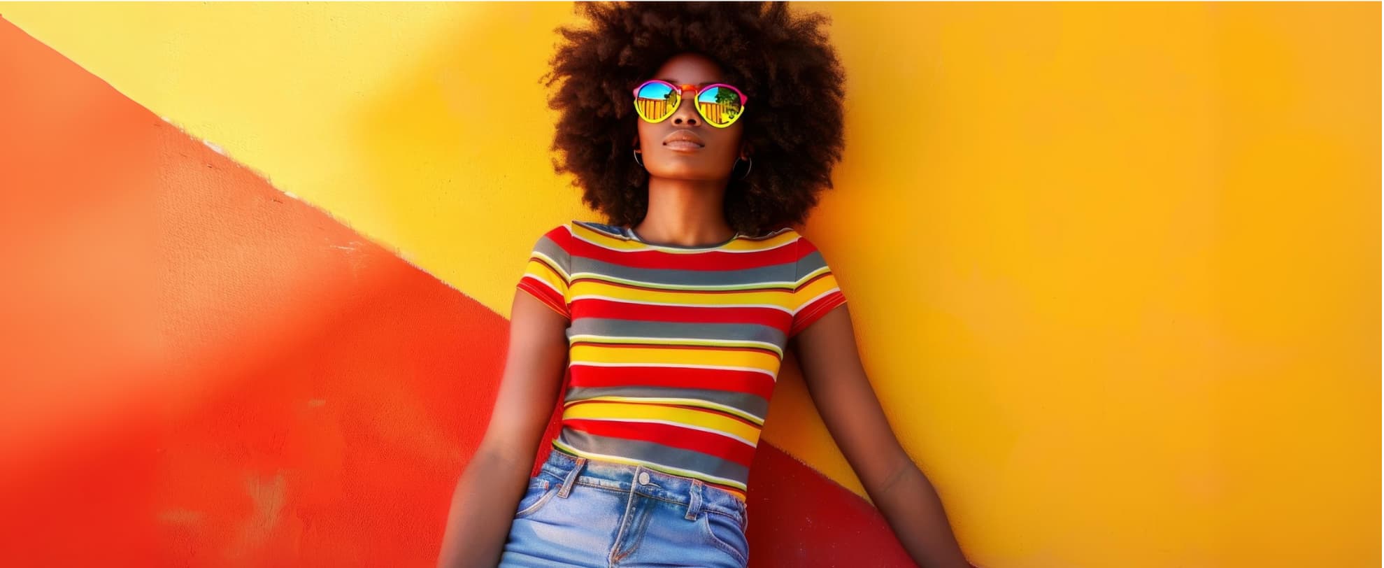 Femme avec des lunettes de soleil et des vêtements colorés